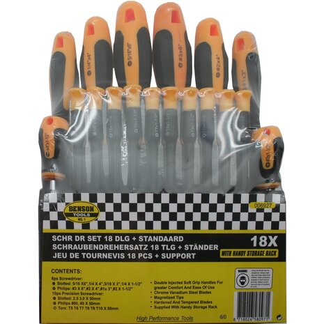 18 delige Schroevendraaierset Kruiskop Torx en Plat in Houder - Soft Grip