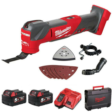 Milwaukee M18 FMT-502X 18V Accu multitool set (2x 5.0Ah + lader) incl. 8 delige accessoireset in HD Box 4933478492