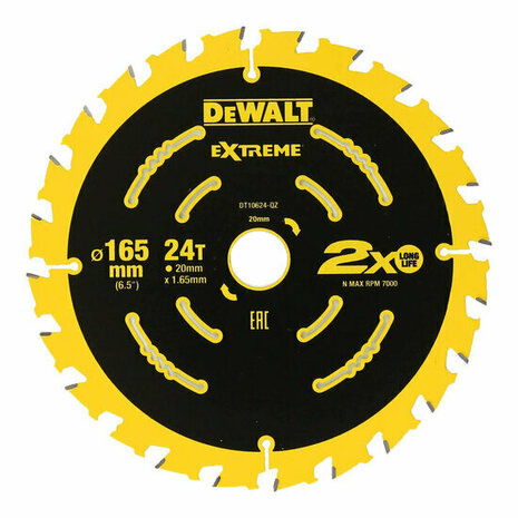 DeWalt DT10624-QZ Extreme Cirkelzaagblad - 165 x 20 x 24T - Hout (Met Nagels)