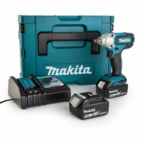 Makita DTW190RTJ 18V Accu slagmoersleutel set (2x 5.0Ah accu en lader) in Mbox - 190Nm - 1/2" - koolborstelloos